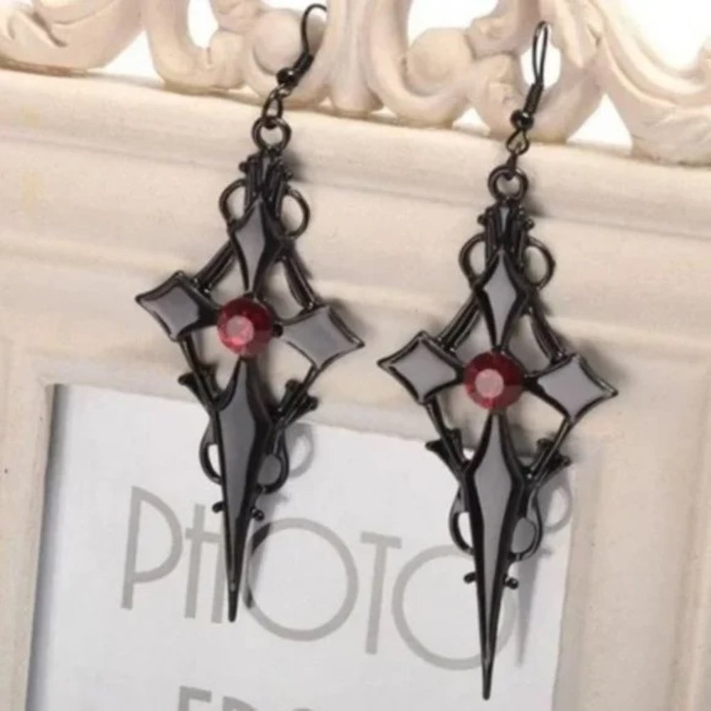 DESIGNER GOTH VAMPIRE BLACK ENAMEL CROSS/RED CRYSTAL CHOKER NECKLACE**NEW! - Picture 5 of 5